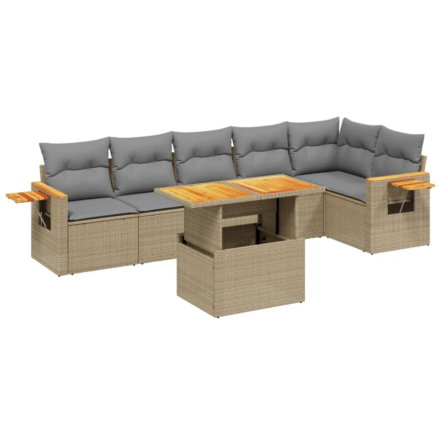 7-delige Loungeset met kussens poly rattan beige