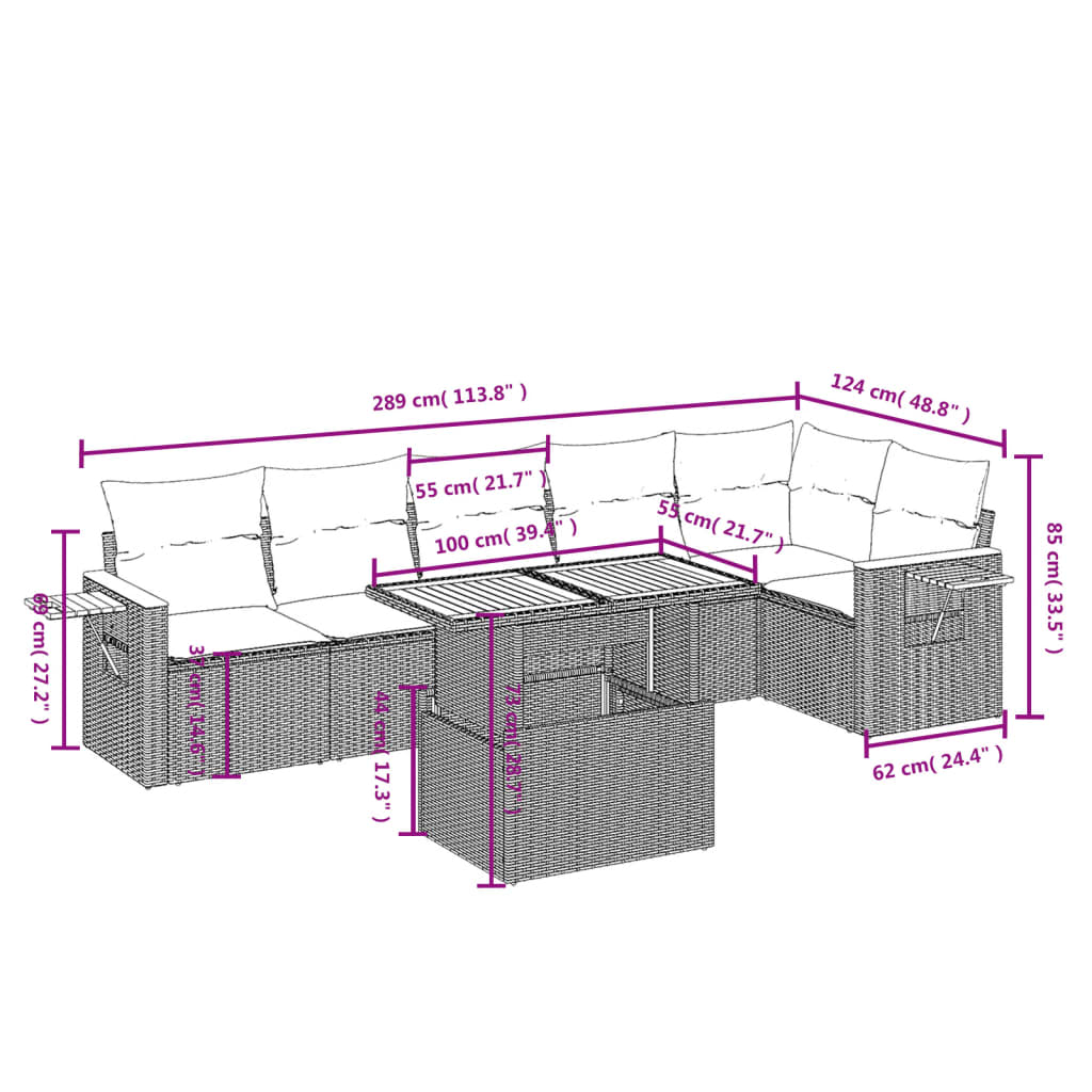 7-delige Loungeset met kussens poly rattan grijs