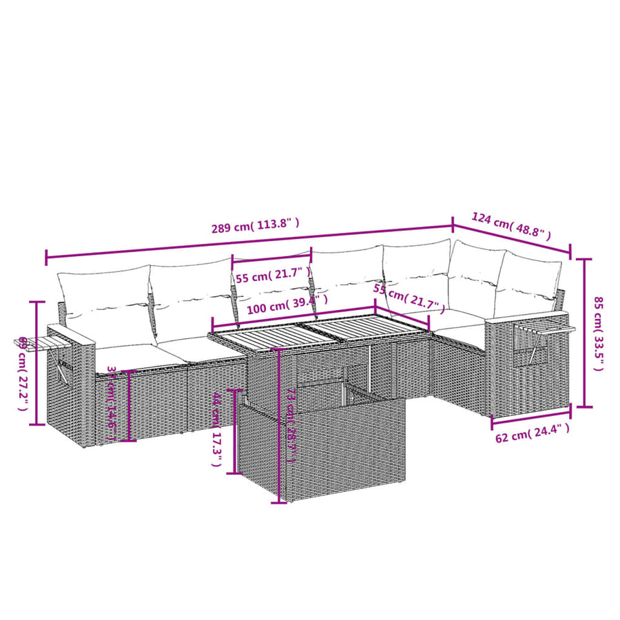 7-delige Loungeset met kussens poly rattan grijs