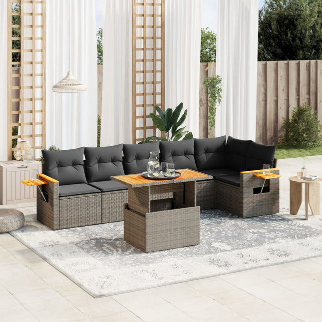 7-delige Loungeset met kussens poly rattan grijs