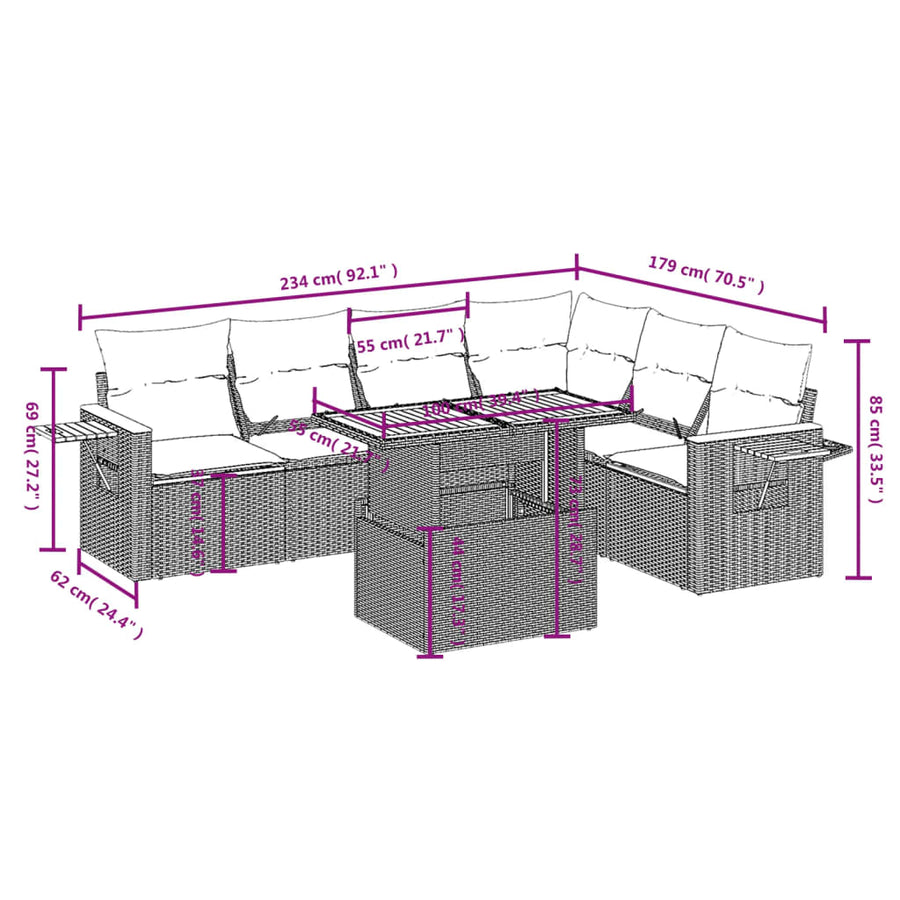 7-Delige Loungeset Met Kussens Poly Rattan Zwart