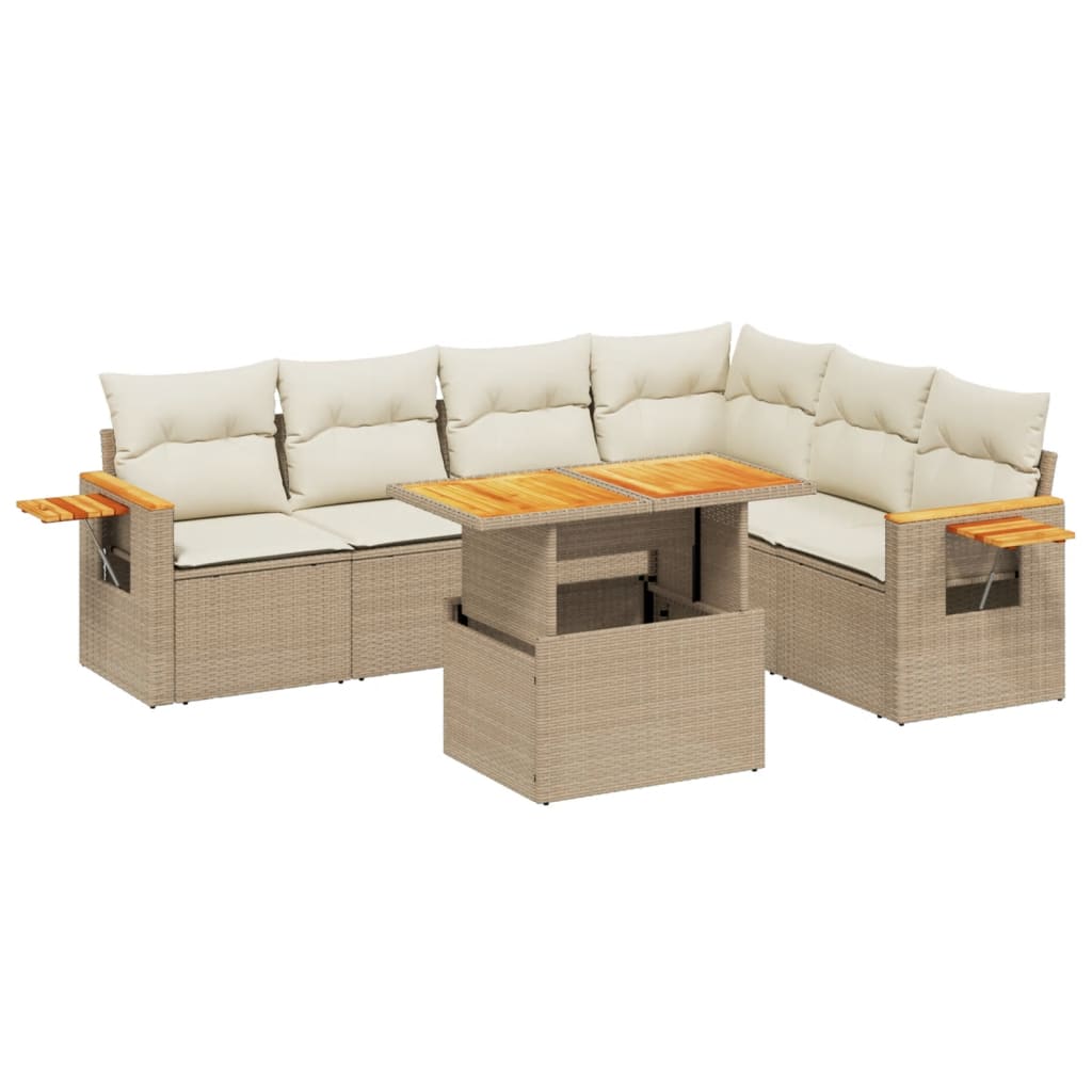 7-delige Loungeset met kussens poly rattan beige