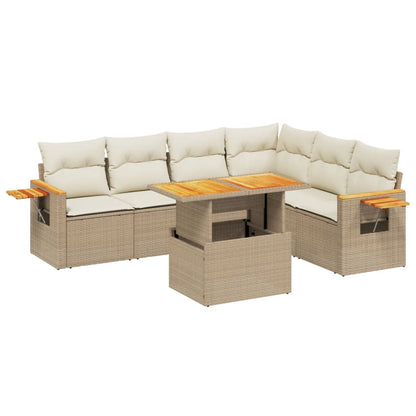 7-delige Loungeset met kussens poly rattan beige