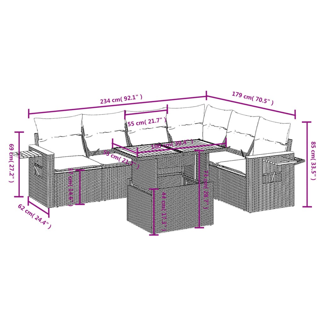 7-delige Loungeset met kussens poly rattan beige