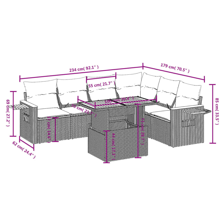 7-delige Loungeset met kussens poly rattan beige