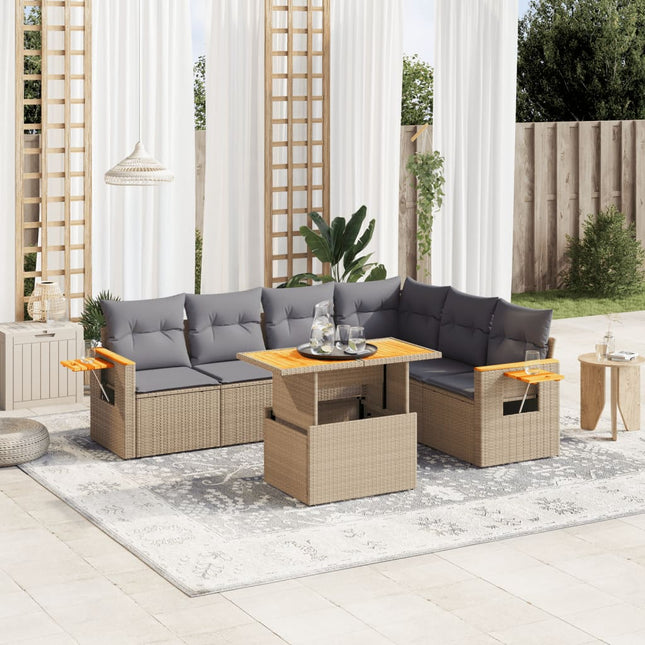 7-delige Loungeset met kussens poly rattan beige