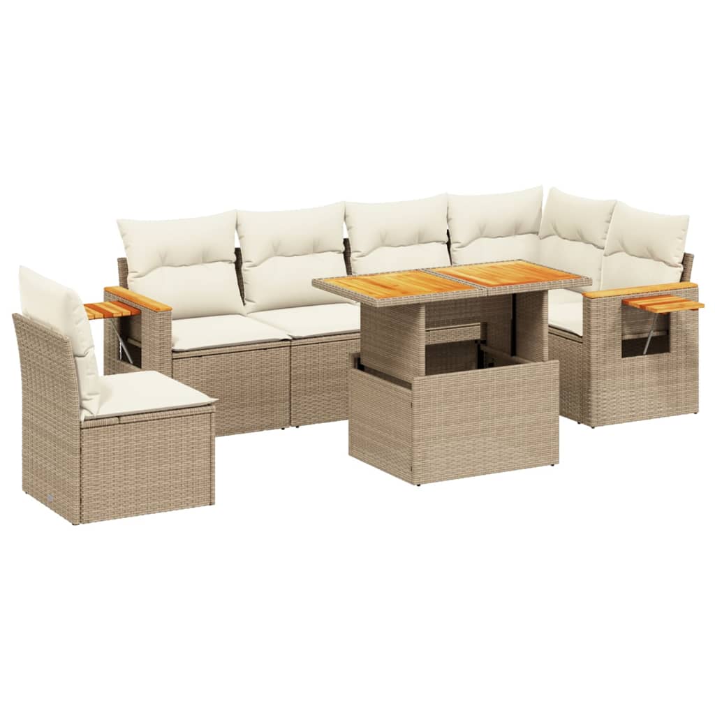 7-delige Loungeset met kussens poly rattan beige