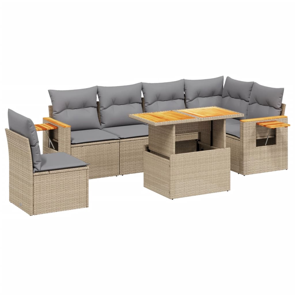 7-delige Loungeset met kussens poly rattan beige