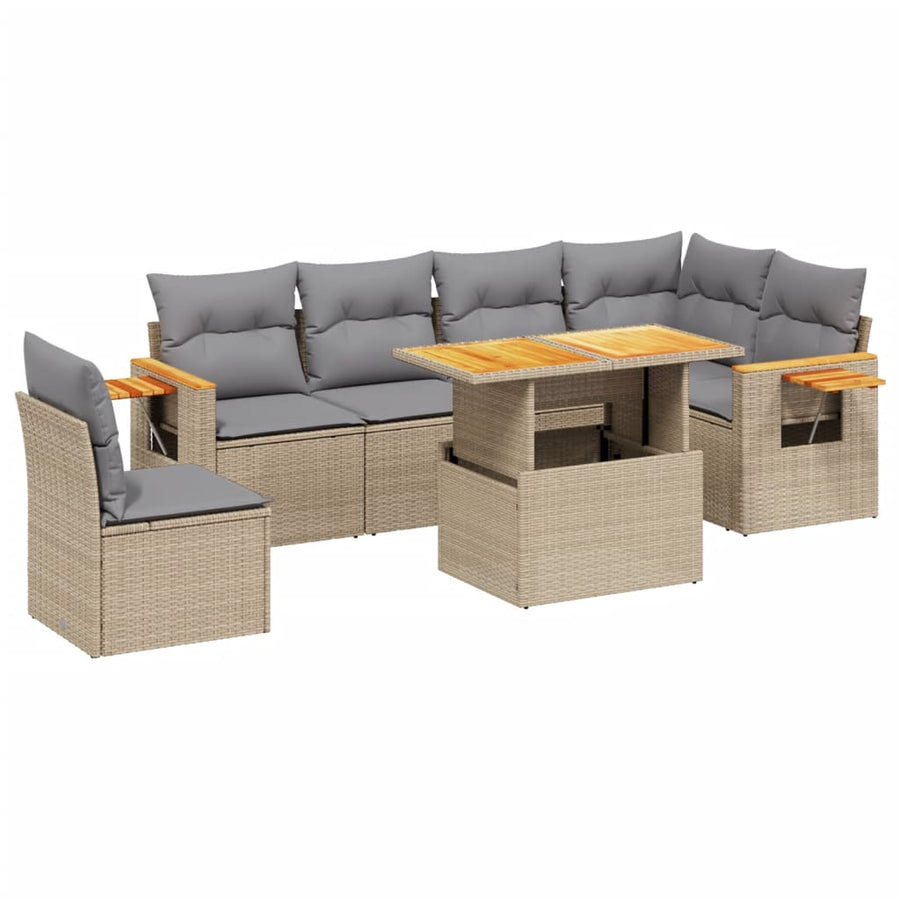7-delige Loungeset met kussens poly rattan beige