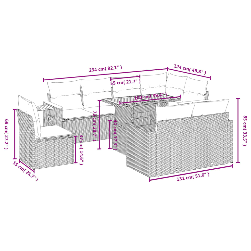 9-Delige Loungeset Met Kussens Poly Rattan Zwart
