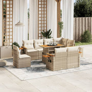 Loungeset poly rattan 9-delig beige met kussens