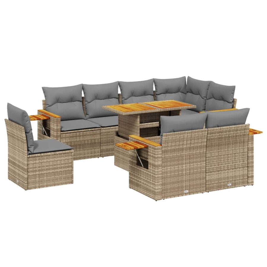 9-delige Loungeset met kussens poly rattan beige
