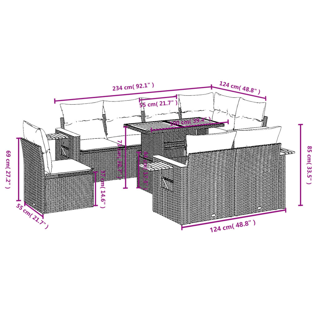 9-delige Loungeset met kussens poly rattan beige