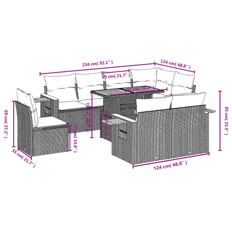 9-delige Loungeset met kussens poly rattan beige