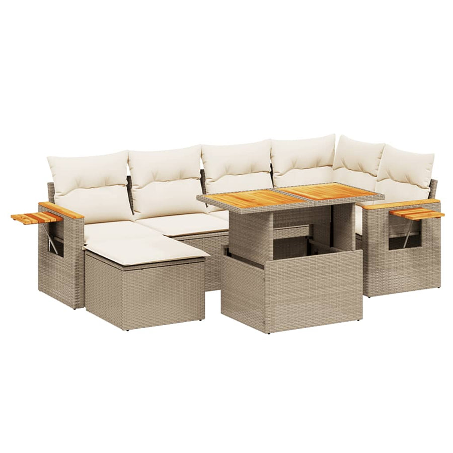 7-delige Loungeset met kussens poly rattan beige