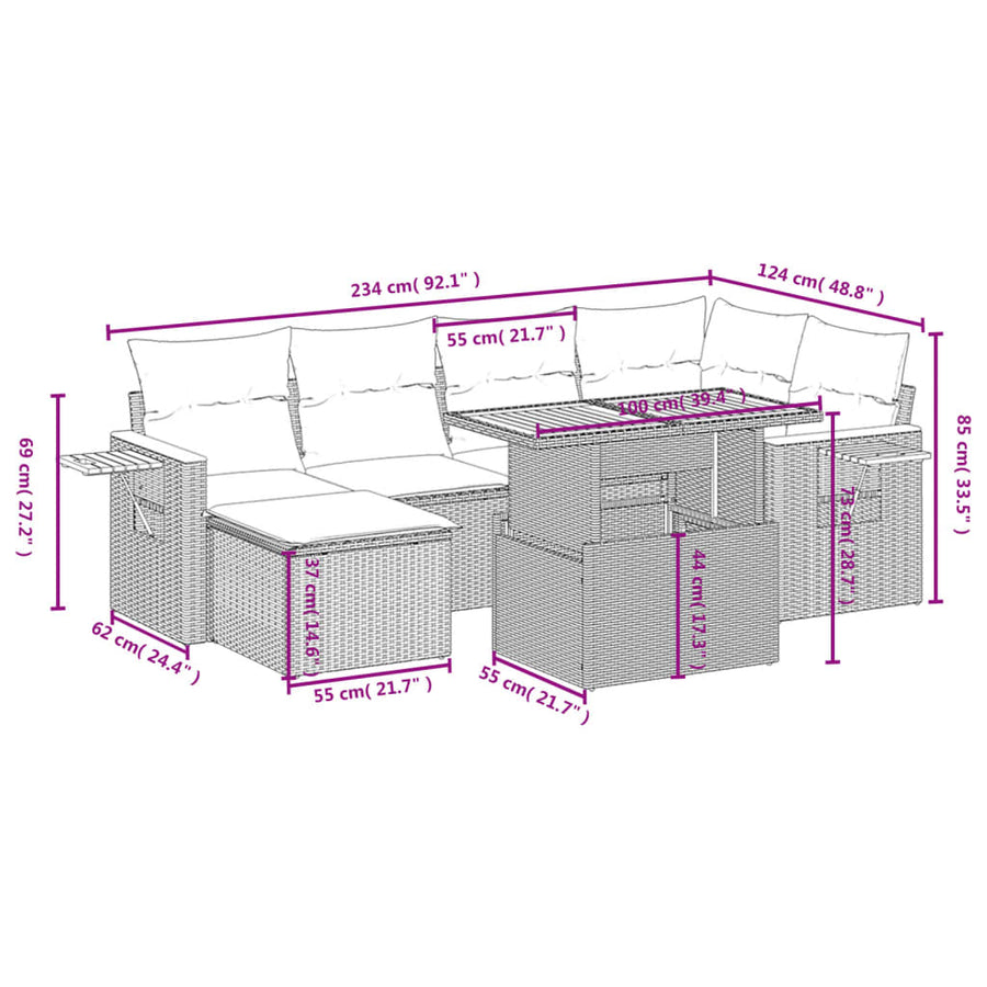 7-delige Loungeset met kussens poly rattan beige