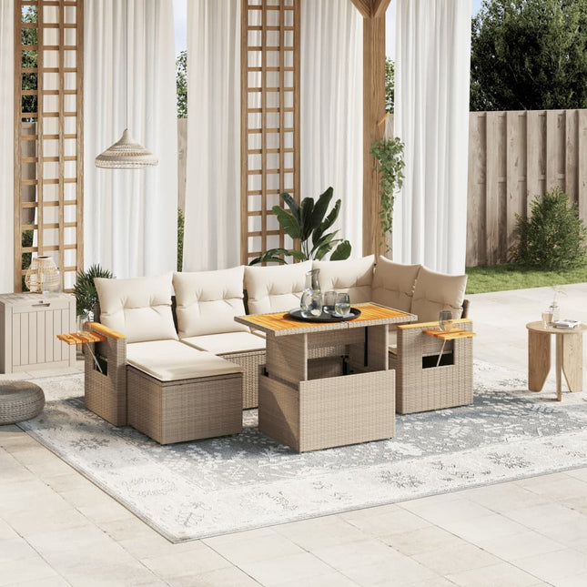 7-delige Loungeset met kussens poly rattan beige