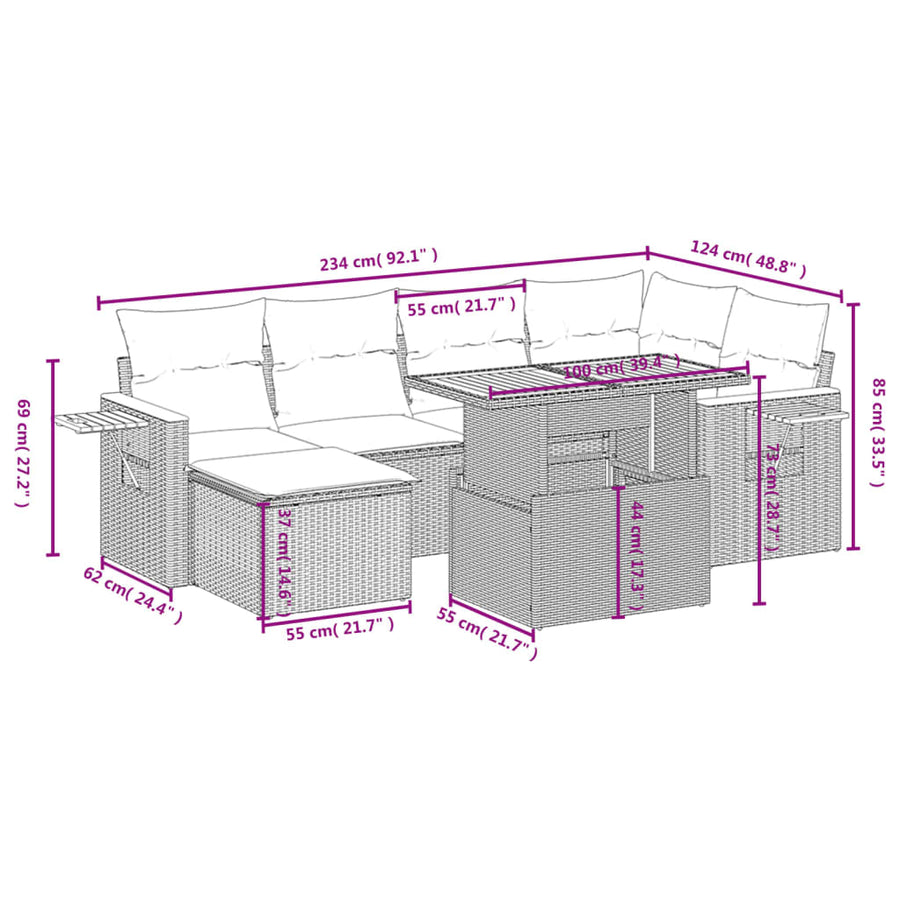 7-delige Loungeset met kussens poly rattan beige