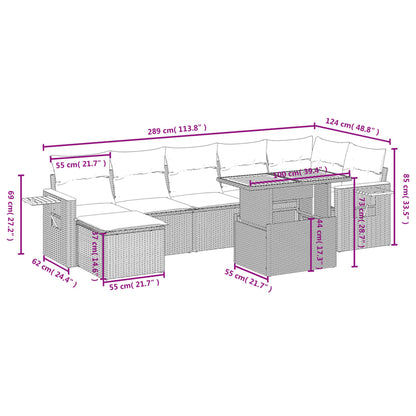 8-delige Loungeset met kussens poly rattan grijs