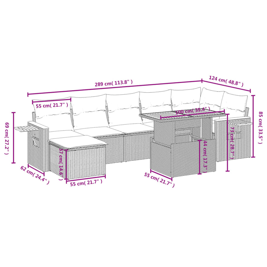 8-delige Loungeset met kussens poly rattan grijs