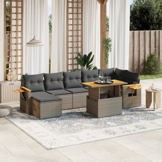 8-delige Loungeset met kussens poly rattan grijs