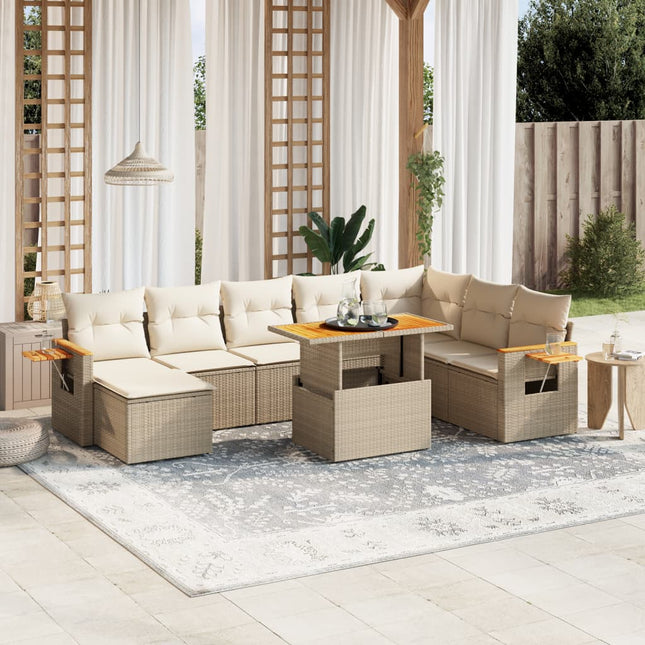 8-delige Loungeset met kussens poly rattan beige