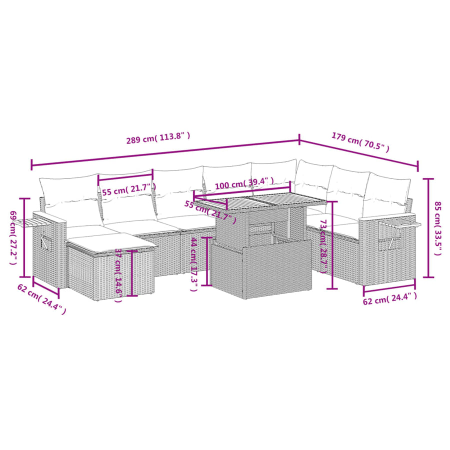 8-delige Loungeset met kussens poly rattan beige