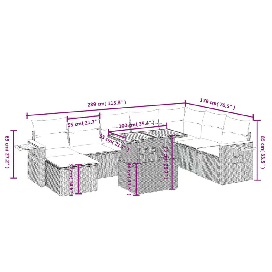 9-delige Loungeset met kussens poly rattan beige