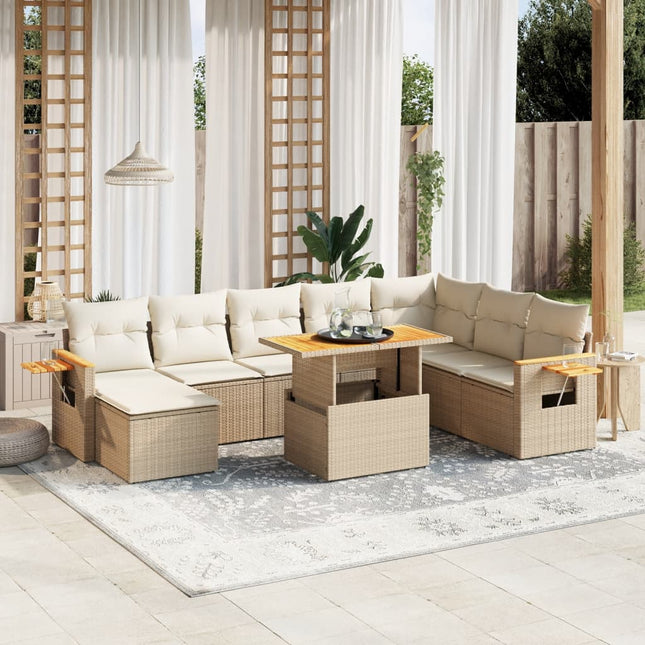 9-delige Loungeset met kussens poly rattan beige