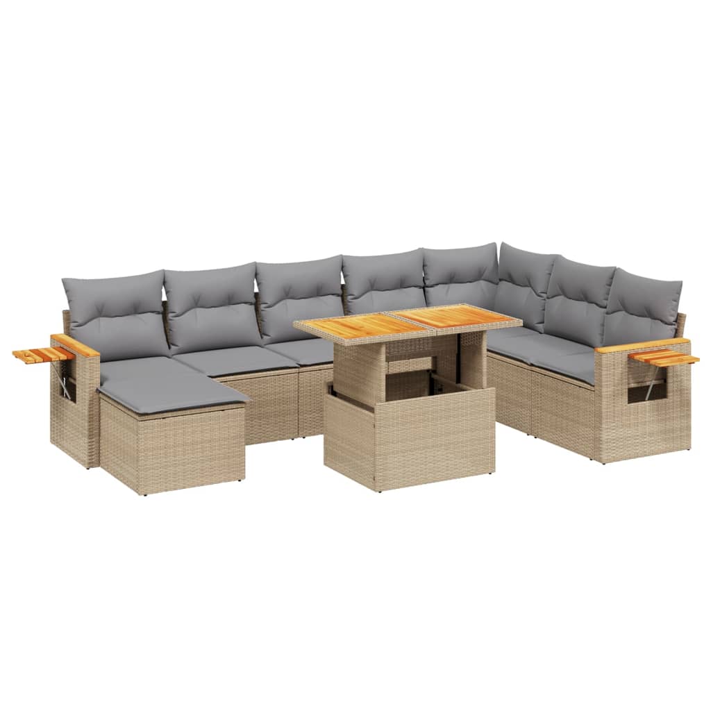 9-delige Loungeset met kussens poly rattan beige