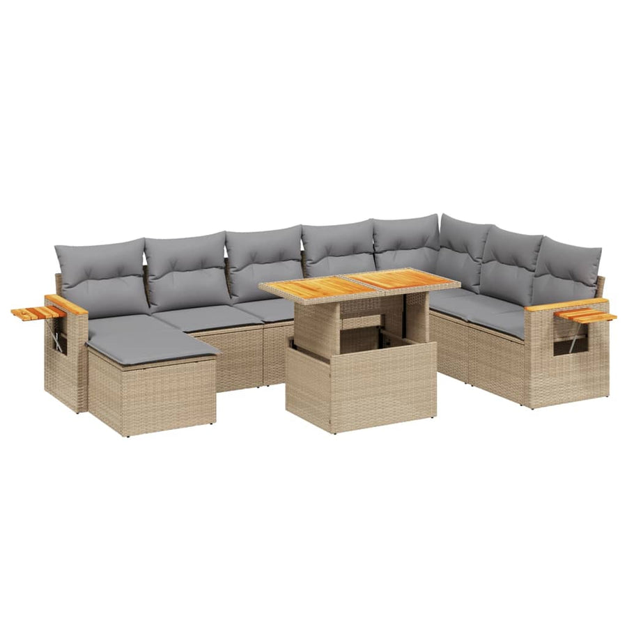 9-delige Loungeset met kussens poly rattan beige