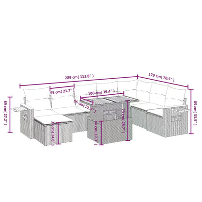 9-delige Loungeset met kussens poly rattan beige