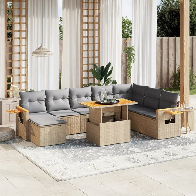 9-delige Loungeset met kussens poly rattan beige