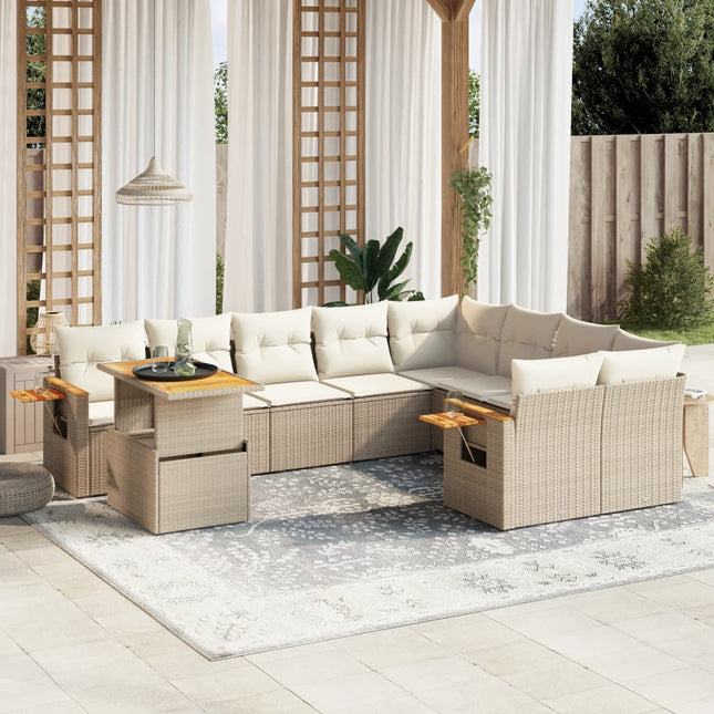 10-delige Loungeset met kussens poly rattan beige