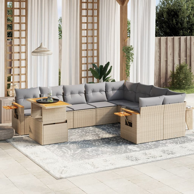 10-delige Loungeset met kussens poly rattan beige