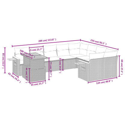 10-delige Loungeset met kussens poly rattan grijs