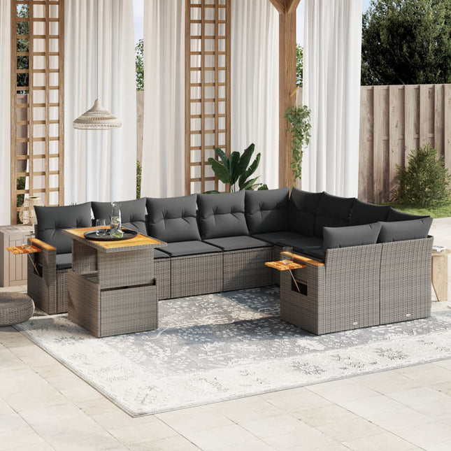 10-delige Loungeset met kussens poly rattan grijs