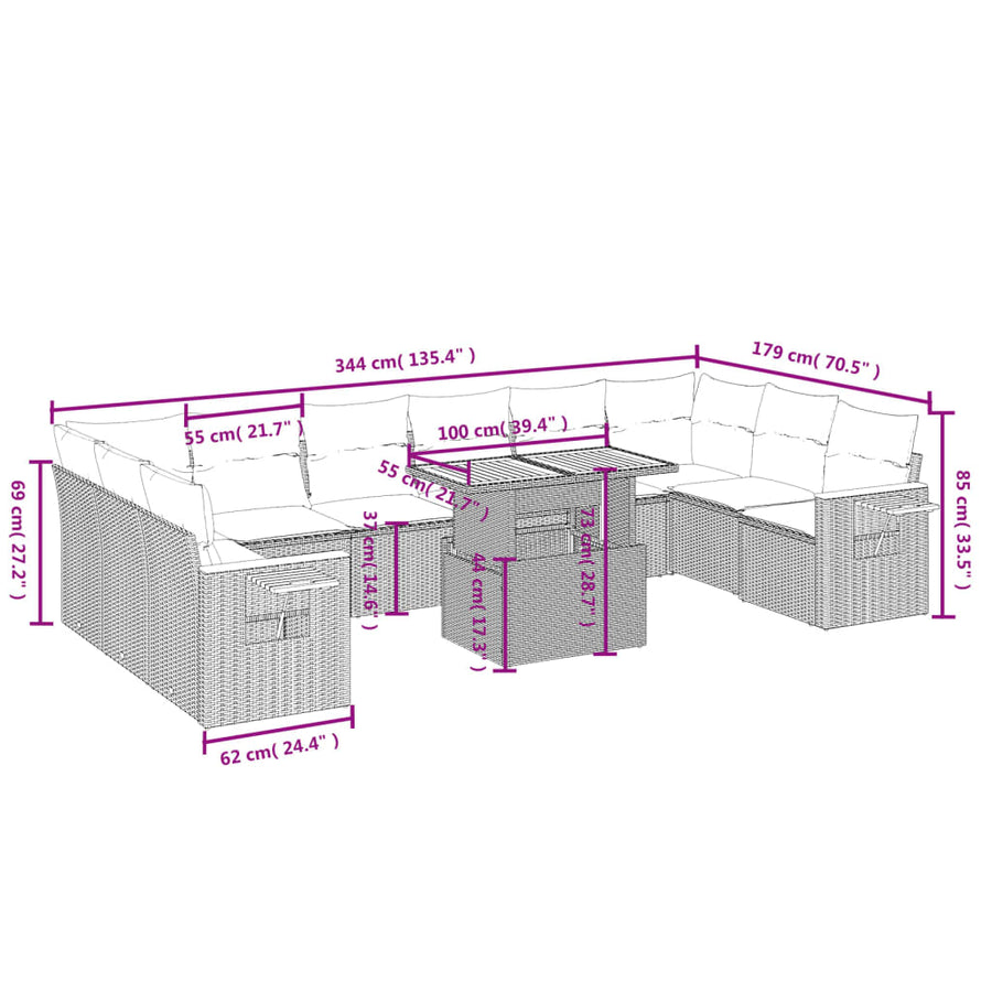 11-Delige Loungeset Met Kussens Poly Rattan Zwart