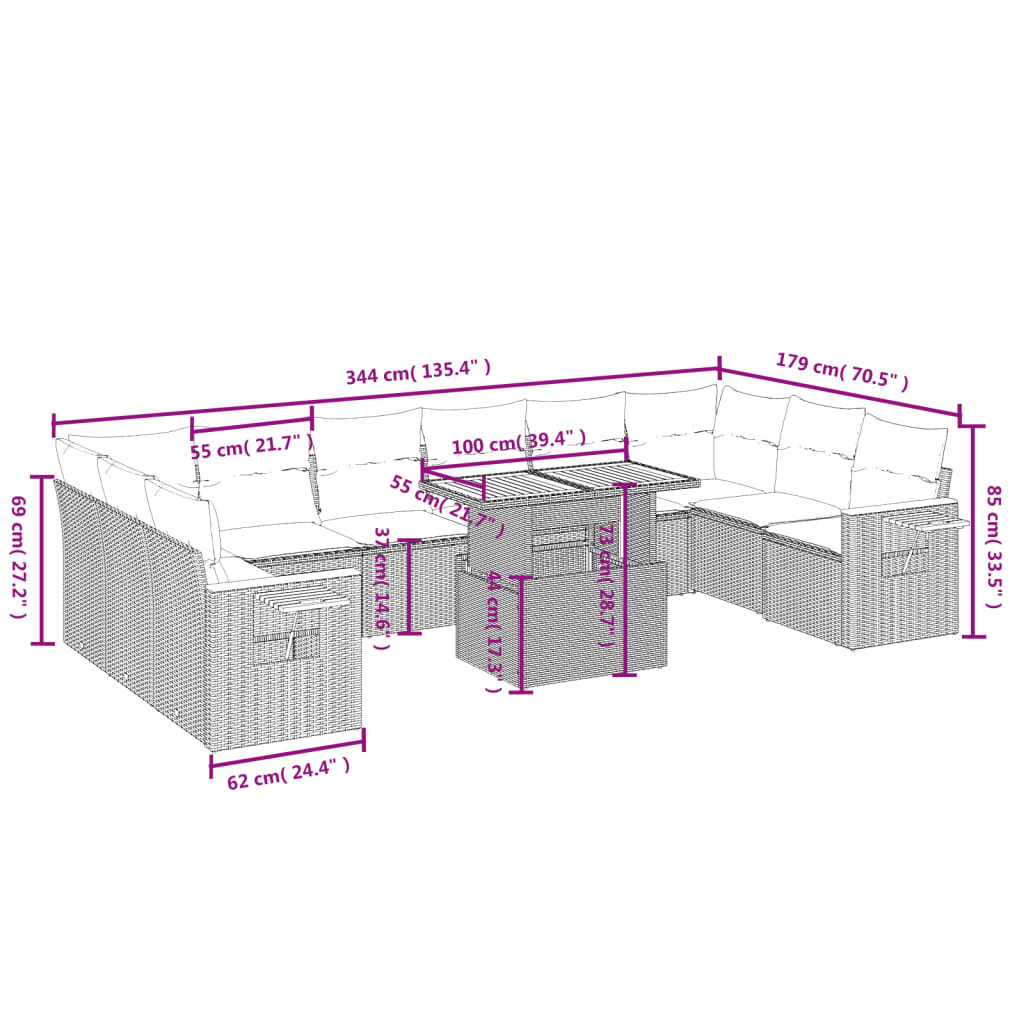 11-Delige Loungeset Met Kussens Poly Rattan Zwart