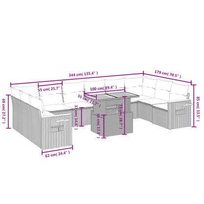 11-delige Loungeset met kussens poly rattan grijs