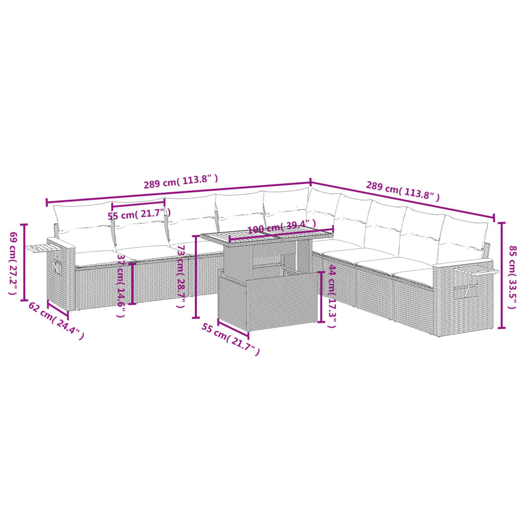 11-delige Loungeset met kussens poly rattan grijs