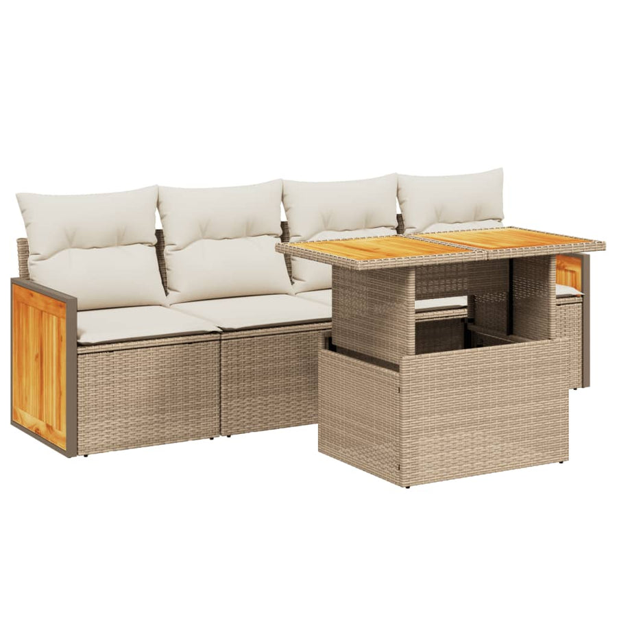 5-delige Loungeset met kussens poly rattan beige