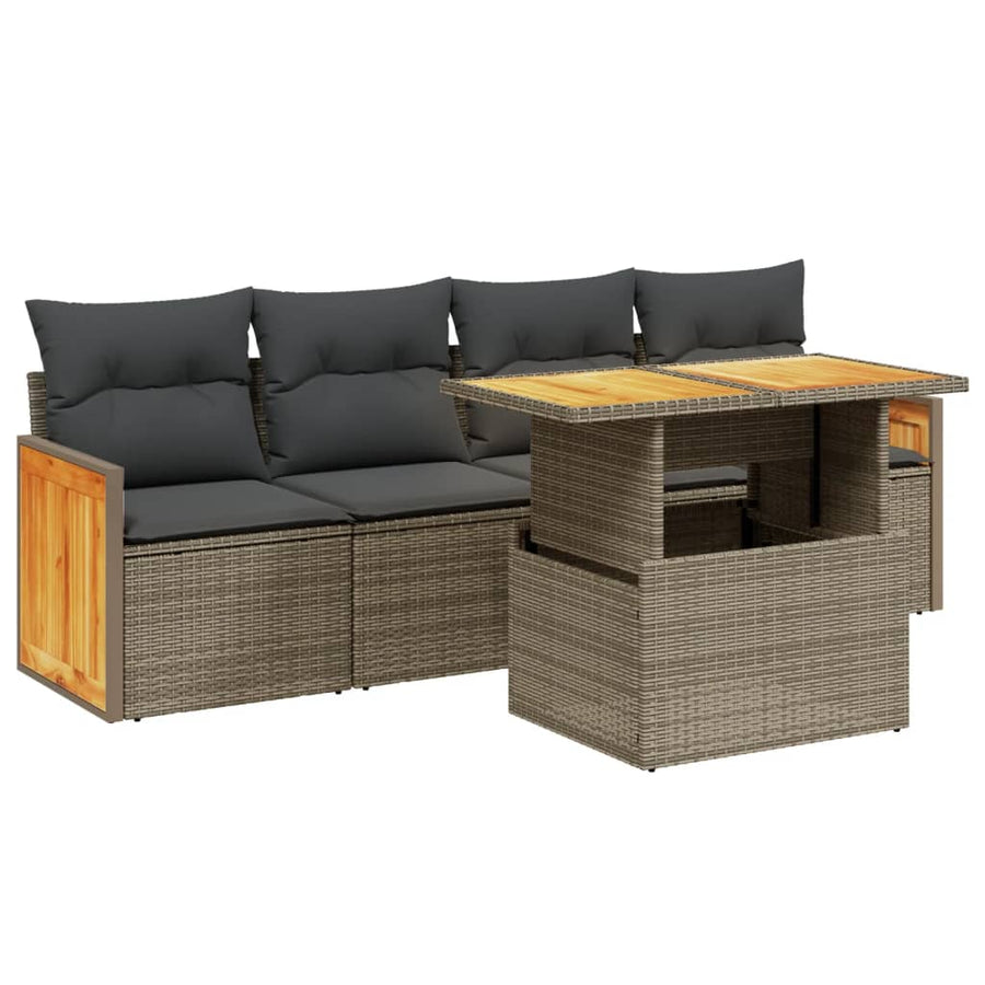 5-delige Loungeset met kussens poly rattan grijs