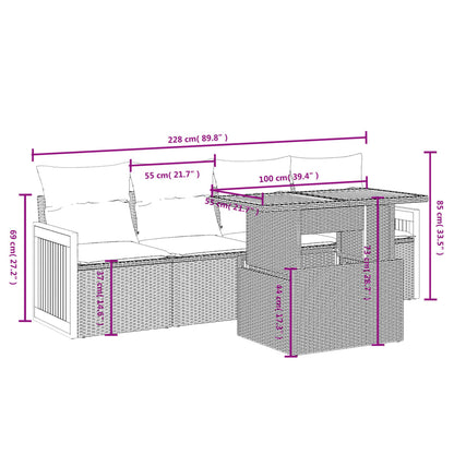 5-delige Loungeset met kussens poly rattan grijs