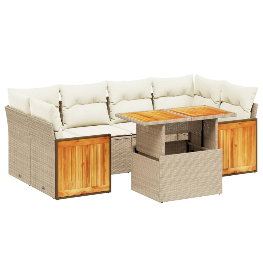 7-delige Loungeset met kussens poly rattan beige