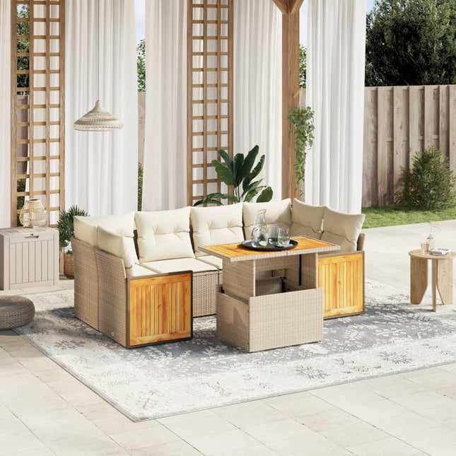 7-delige Loungeset met kussens poly rattan beige