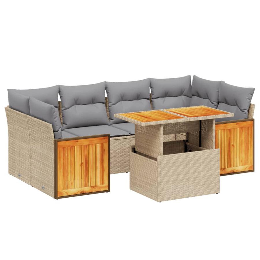 7-delige Loungeset met kussens poly rattan beige