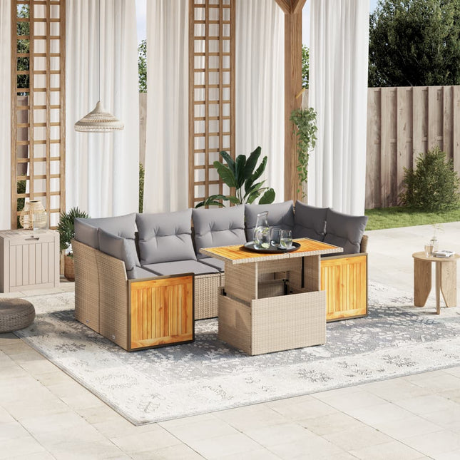 7-delige Loungeset met kussens poly rattan beige