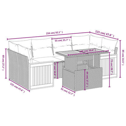 7-delige Loungeset met kussens poly rattan grijs