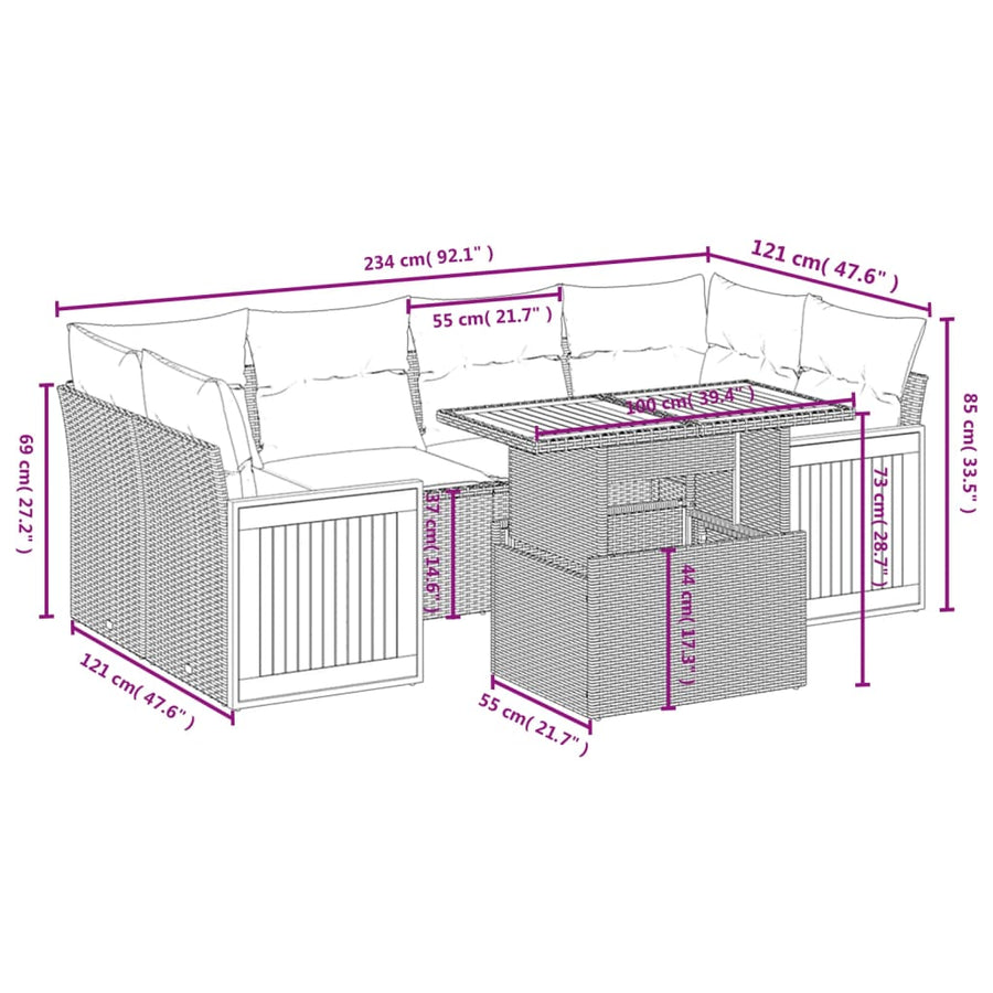 7-delige Loungeset met kussens poly rattan grijs